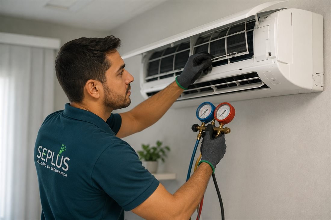 Técnico fazendo manutenção em ar-condicionado