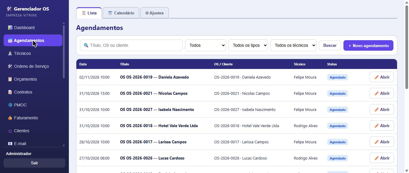 Tela real dos agendamentos das visitas técnicas, com data e hora, ordem de serviço, cliente, técnico e situação