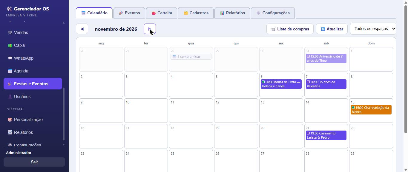 Tela real do calendário de festas de novembro, com aniversários, bodas, chá revelação e casamento marcados nos dias