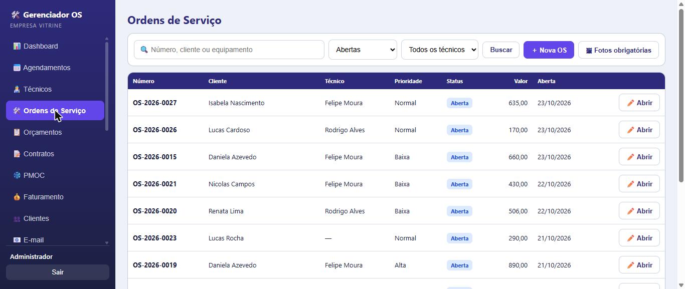 Tela real da lista de ordens de serviço, com número, cliente, técnico, prioridade, situação, valor e data de abertura